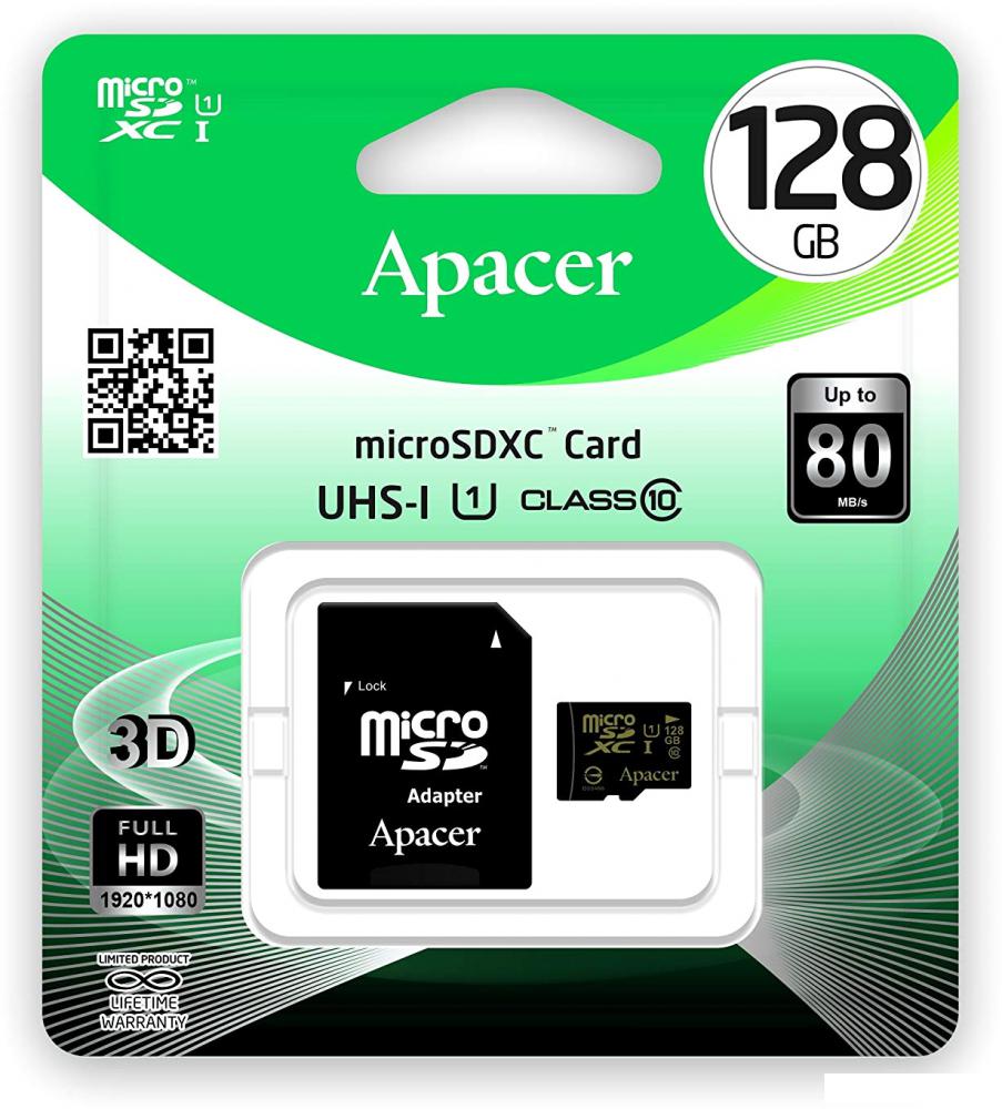Карта памяти Apacer microSDXC AP128GMCSX10U1-R 128GB (с адаптером)